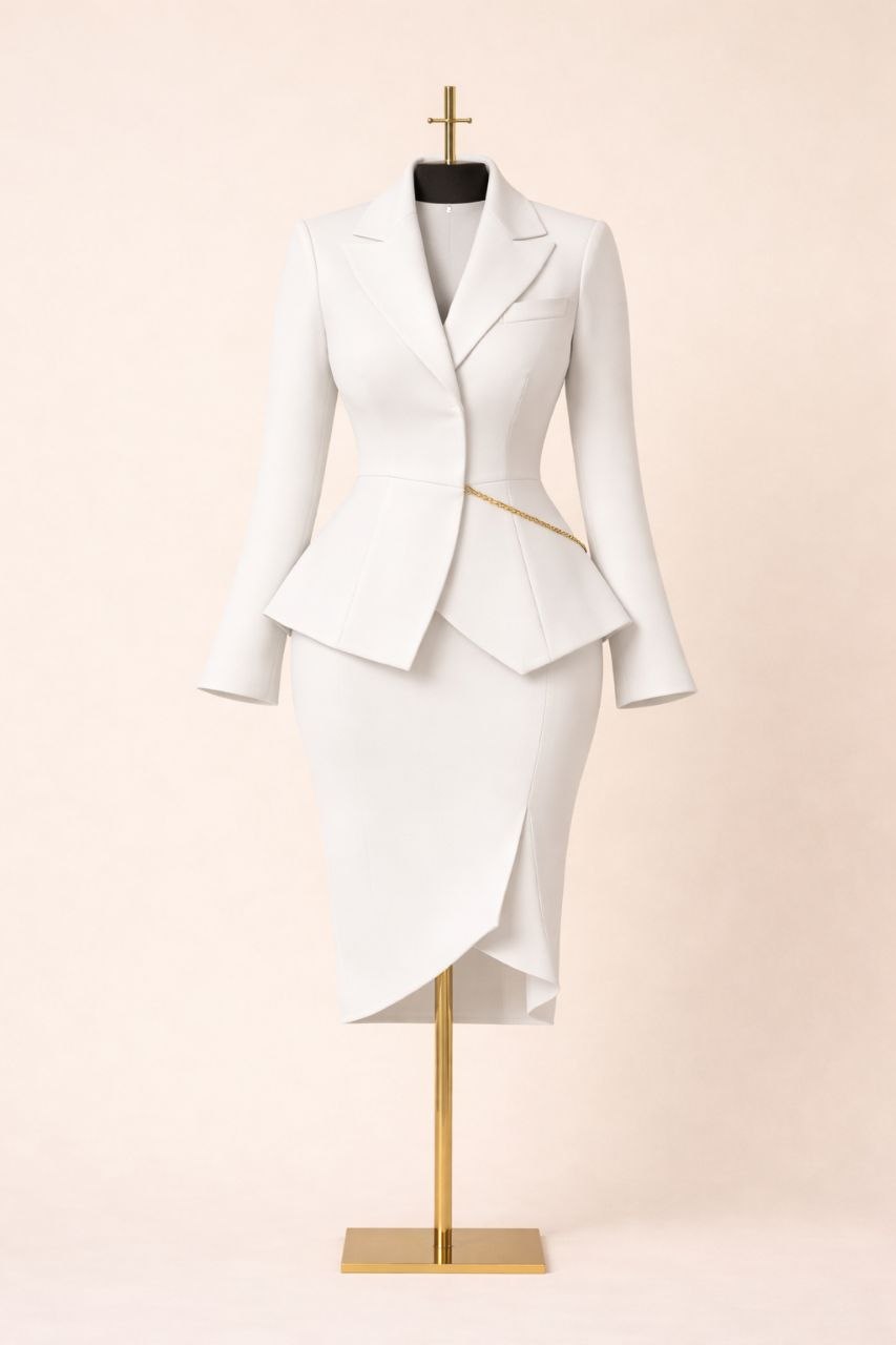 Depend Fashion — Ivory Peplum Suit with gold chain detail